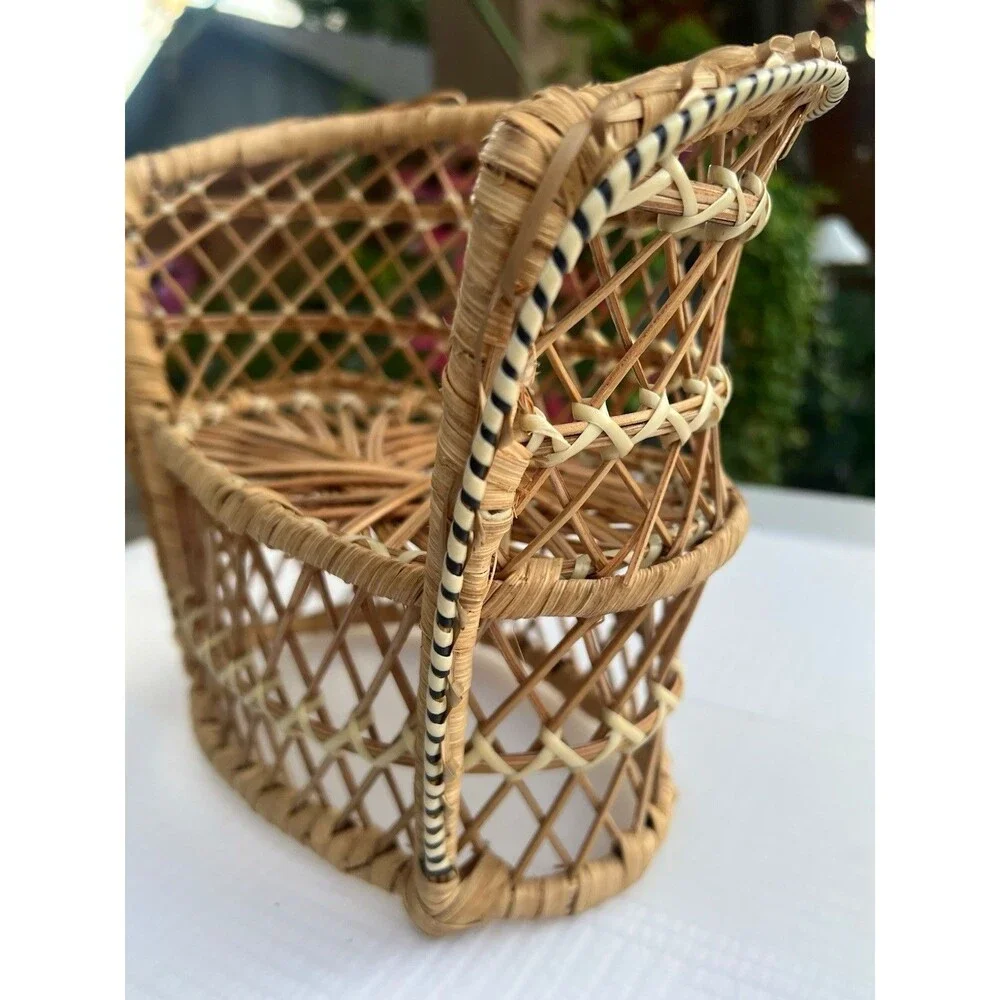 1970’s Vintage Mini Wicker Rattan Doll Chair + Bunny Cottagecore Boho Decor
